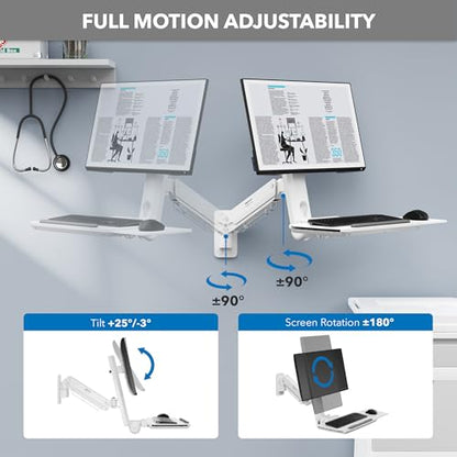 Mount-It! MedHub Wall-Mounted Medical Workstation | Height-adjustable monitor & keyboard arm with folding tray and sliding mouse pad for clinics, exam rooms & dental.