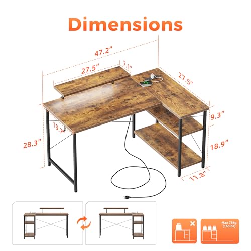 Mericonia 48 in Corner Desk with Monitor Stand, Small L Shaped Gaming Desk - color: Brown, size: 48 inch