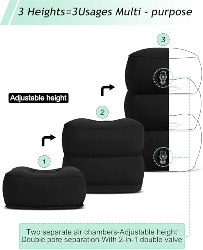 Inflatable Travel Foot Rest Pillow, Kids Airplane Bed, Adjustable 3 Layers Height Leg Rest Pillow, Adults Travel Essentials Great for Airplane, Office, Home, Trains, Cars (Black) - color: Black