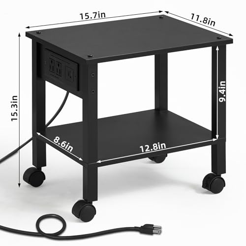 YUFAM 2 Tier Under Desk Printer Stand with Charging Station, Black - color: Black, size: 11.8"D×15.7"W×15.3"H(With USB)