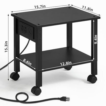 YUFAM 2 Tier Under Desk Printer Stand with Charging Station, Black - color: Black, size: 11.8"D×15.7"W×15.3"H(With USB)