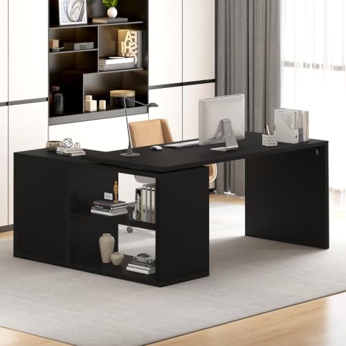 HSH Black L Shaped Computer Desk, Wood Corner Desk with Storage, 55 Inch | Reversible Industrial Wood Executive Workstation with Cabinet Shelves, L-Shaped Home Office Table for Study Writing Gaming - color: Black Oak