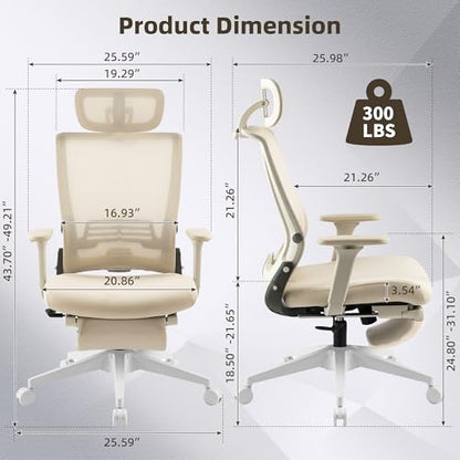 Ergonomic Foldable Office Chair with Footrest and Lumbar Support, Cream - color: Cream