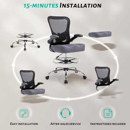 500LBS Ergonomic Drafting Chair Tall Office Chair for Counter Height or Standing Desk, Executive High Office Chairs with W-Shaped Thick Seat Cushion, Footrest Ring & Breathable Fabric, Dark Grey - color: Black Frame Dark Grey Fabric