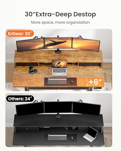 ErGear 63 X 30 Inch Electric Standing Desk with 4 Drawers, Height Adjustable Desk with Storage, C-Clamp Mount Compatible, Home Office Table with Cable Management Tray, Vintage Brown