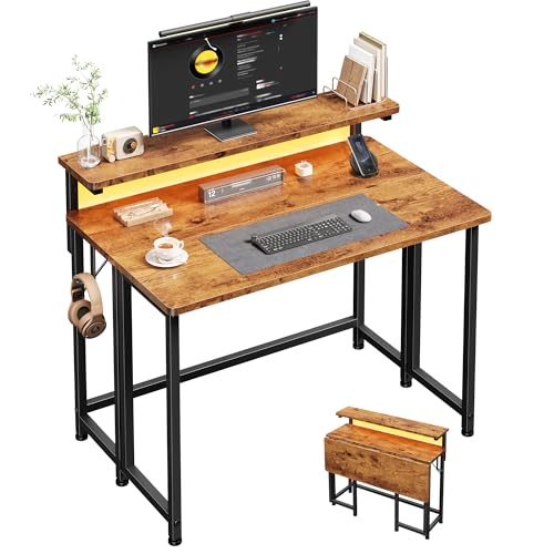 31.5" Folding Table with Ergonomic Monitor Stand&LED for Small Spaces,Brown | Home office desk, Adjustable Feet: Fits All Floors, More Stable Than Wheel Desks,Portable,Vision-protect RGB LED for Working - color: Rustic Brown, size: 31.5''Wx18.9''Dx35''H