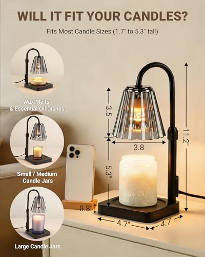 Candle Warmer Lamp with Timer, Dimmable PC Shade Lamp Gifts for Mom | Adjustable Height Lightweight Polycarbonate Lamps, Modern Electric Wax Melt, Gifts for Family with Pets & Children Home Decor
