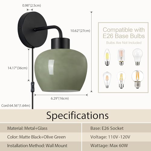 Modern Wall Sconces, Olive Green Milk Glass, Matte Black Finish | Plug-in Wall Lamp, Industrial Boho Lighting, For Bedroom, For Living Room - color: Matte Black+Glass Lampshade