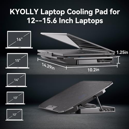 KYOLLY Ultra Slim Laptop Cooling Pad with 2 Quiet Big Fans, 5 Height Adjustable Ergonomic Stand, Portable Cooler for 10-15.6 Inch Laptops, Speed Control and 2 USB Ports