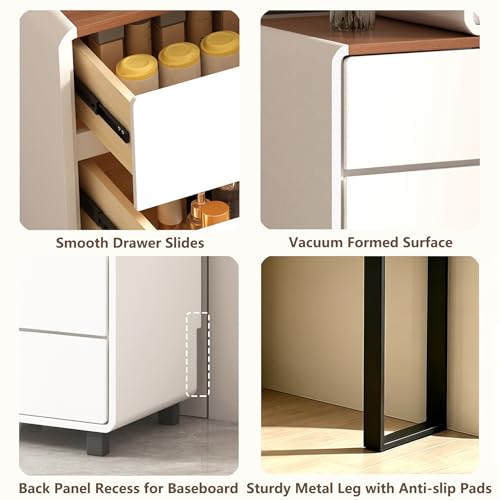 KDCAS White Vanity Desk with LED Lighted Mirror, Extendable Makeup Vanity Table with Walnut-Grain Top & Reversible Side Cabinet, L-Shaped Corner Vanity Desk for Bedroom, Home Office
