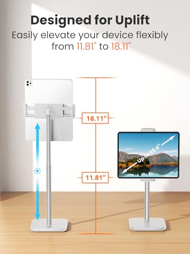 tounee Height Adjustable Tablet Stand, 3.5lb (1.6kg) Max Support, Up to 18" Tall, Slim Portable Monitors Stand Compatible with iPad Pro 12.9, Surface Pro, All 4.7"-15.6" Devices-White - color: White