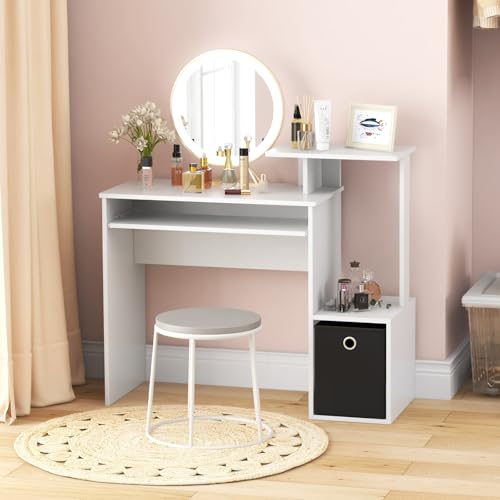 GIANTEX White Computer Desk with Drawers & Keyboard Tray, Modern Home Office Desk with Storage Shelves & Printer Stand, Laptop PC Table for Workstation, Study Writing Desk for Small Spaces, Bedroom