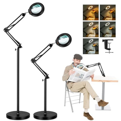 12X Magnifying Glass with Light and Stand, Real Glass Lens (Not Acrylic), 5 Color Modes, Stepless Dimmable, LED 3-in-1 Floor Lamp, Swing Arm with Clamp, Lighted Magnifier Hands Free for Craft, Reading - color: Black