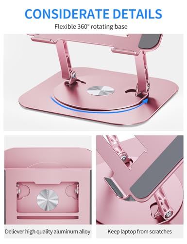 AOEVI Adjustable Laptop Stand with 360 Rotating Base, Computer Stand for Laptop Ergonimic Foldable Laptop Riser for Desk Compatible with MacBook Pro/Air Notebook up to 16 Inches,Pink - color: Pink