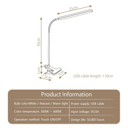 Clip on LED Light for Easel Painting & Nail Tech, White | 3 Color Modes,10 Brightness Levels,USB Powered,Clamp Lamp for reading,Artists, Manicurist and Desk - color: White