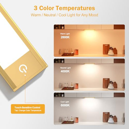 V4light Motion Sensor Cabinet Light, Rechargeable, Dimmable, 2Pcs, 9in | Gold aluminum, magnetic wireless, 1800mAh, 3 color temps & dimmable, ideal for kitchen cabinets, shelves & closets - color: Gold