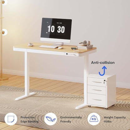 FLEXISPOT Comhar 48" Electric Standing Desk with Drawers, USB Charging Ports, Quick Assembly, Height Adjustable Sit Stand Desk with Child Lock for Natural Home Office, Bamboo Finish Top/White Legs - size: 48"Bamboo Texture/White