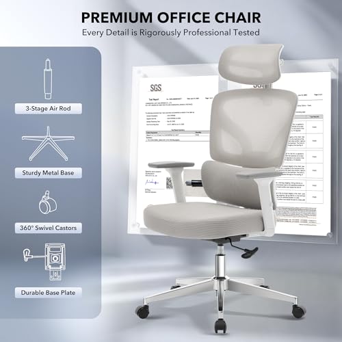 Ergonomic Office Chair Mesh – Adjustable Lumbar 3D Armrests High-Back Desk - color: Grey-d