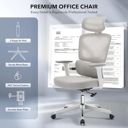 Ergonomic Office Chair Mesh – Adjustable Lumbar 3D Armrests High-Back Desk - color: Grey-d