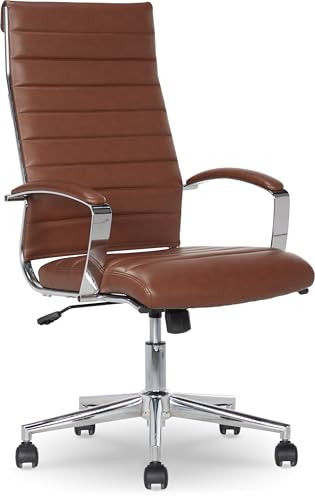 Amazon Basics High-Back Swivel Office Chair with Lumbar Support, Ergonomic Ribbed Faux Leather, Adjustable Height, 24.75"D x 23.25"W x 45.25"H, Brick Red - color: Brick Red