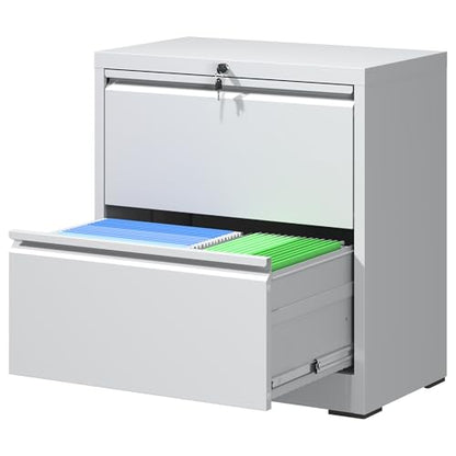 2 Drawer Lateral File Cabinet with Lock,White Metal Filing Cabinet - color: White, size: 26.8"W-2 drawers