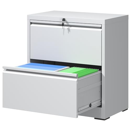 2 Drawer Lateral File Cabinet with Lock,White Metal Filing Cabinet - color: White, size: 26.8"W-2 drawers