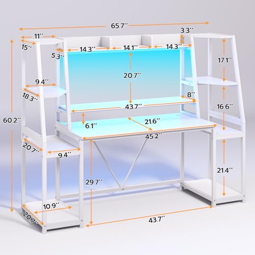 SEDETA 65.7'' Gaming Desk with LED Lights, Hutch and Storage Shelves, White - color: White, size: 65.7 inches