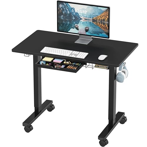 SHW Mobile Electric Height Adjustable Standing Desk w/Drawer, Black | 40" Wide Top | w/ Memory Presets and Cable Management | Drawer with adjustable compartments | Hanging Hooks - color: Black