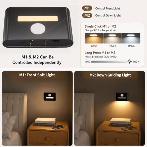 WOBSION Motion Sensor Night Light, Rechargeable Stick-On Wall Sconce - color: Black
