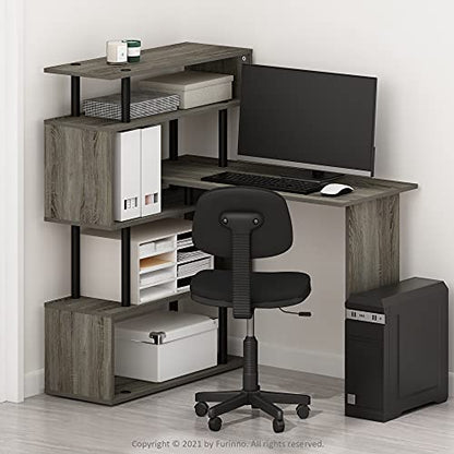 Furinno Moore L-Shape Computer Desk with 5-Tier Shelves, French Oak | L-Shape Gaming Desk, Reversible, Computer Desk, for Home Office, Bedroom - color: French Oak/Black