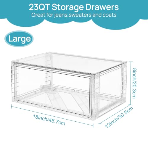 Vtopmart 2 Pack Large Clear Stackable Storage Drawers for Closet, 23QT | Easily Assemble Plastic Closet Storage Bins, Dust-Proof UnderBed Organizer for Clothing Underwear T-shirt Organization - style: 2pk Large