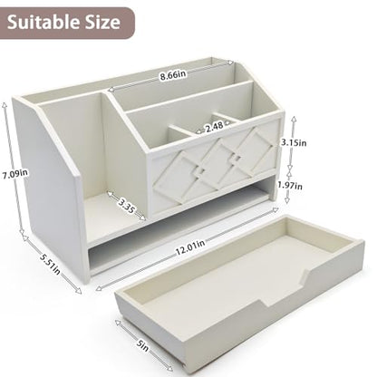 White Wooden Mail Organizer with Drawer, Three Tiered Desk Accessories for Office Organization and Storage, Stylish Countertop Document Storage, Home/Office/Classroom Supplies (White02) - style: White02
