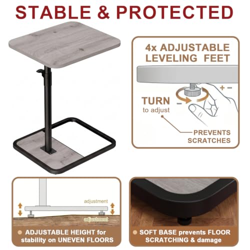 GOYLSER Large C Shaped End Table for Couch, Height Adjustable Living Room Rotating Couch Tray Tables Sofa Table Tv Trays for Bedroom, Swivel Wooden Side Table for Small Space, Grey - color: Grey, style: Enlarged Standard