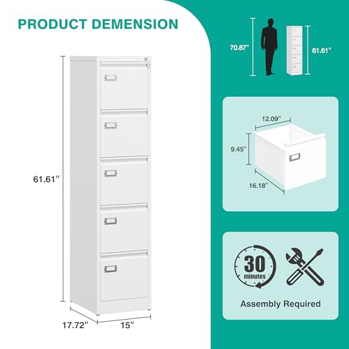 SISESOL 5 Drawer File Cabinet with Lock,White Narrow Vertical File Cabinet Five Drawer,Tall Office Filing Cabinets,Metal Filing Cabinets for Home Office,Fit A4,Legal,Letter Size,-Assembly Required - color: White, style: 5 Drawer