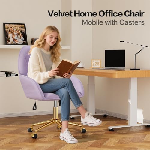 Home Office Desk Chair Comfy with Adjustable Swivel Wheels, Modern Velvet Makeup Vanity Chair with Back & Pillow, Ergonomic Office Chair Computer Task Chair for Living Room, Bedroom, Purple - color: Purple