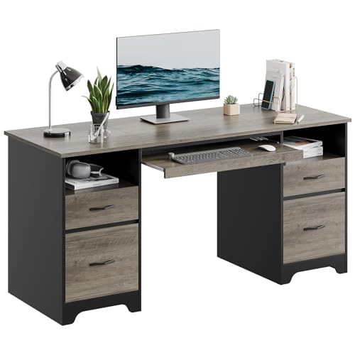 Bestier 59 Inch Office Desk with 4 Drawers, Computer Desk with Storage, Executive Desk with File Drawer, Keyboard Tray & 2 Pedestals on Both Sides for Home Office, Studio, Grey&Black - color: Grey&black