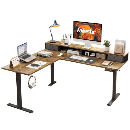 Agilestic 63 Inch L Shaped Electric Standing Desk with Drawer, Rustic Brown - color: Rustic Brown, size: 63x55.1 Inch Pro