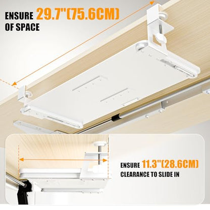 Under Desk Keyboard Tray, Pull-Out Drawer&Holder with C-Clamp 25.6"x11.8" - color: White