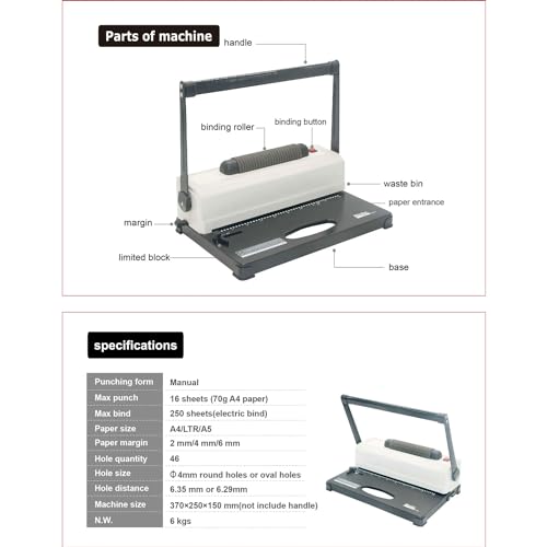46 Holes Wire Coil Binding Machine, Portable A4/A5 Electric Stapler, 4mm Aperture, Maximum Binding Size 250 Pages, Automatic Punching Machine for Notebook, Office Text