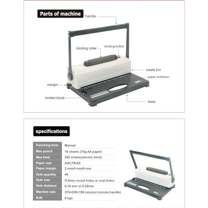 46 Holes Wire Coil Binding Machine, Portable A4/A5 Electric Stapler, 4mm Aperture, Maximum Binding Size 250 Pages, Automatic Punching Machine for Notebook, Office Text
