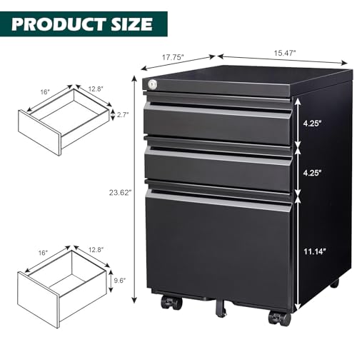 3 Drawer Mobile Locking File Cabinet, Anti-tilt Design Metal Vertical Filing Cabinet, Rolling Desk Filing Cabinet fits Letter/Legal/A4 Size for Home Office,Black - color: Black, style: 3A