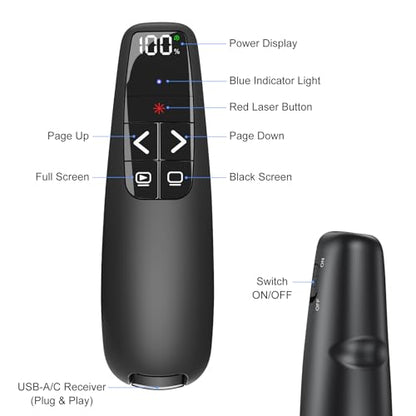 Presentation Clicker & Case, Power Display Wireless Presenter Remote | 2‑in‑1 USB/Type C Receiver, Rechargeable Red Light Pointer Computer PowerPoint PPT Clickers for Mac/Windows - style: Red Light & Power Display