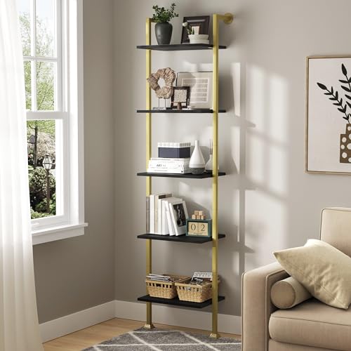 5-Tier Ladder Bookcase, Tall Narrow Bookshelf for Small Spaces, Modern Book Storage Organizer Case Open Shelves for Bedroom, Living Room, Office, Library, Gold Metal Frame and Blakc Shelf - color: Gold+black