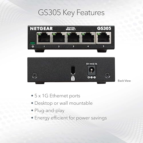 NETGEAR 5-Port Gigabit Ethernet Unmanaged Network Switch (GS305) | Essentials Model, Home Network Hub, Office Ethernet Splitter, Plug-and-Play, Silent Operation, Desktop or Wall Mount - size: 5 Port