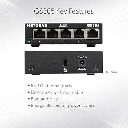 NETGEAR 5-Port Gigabit Ethernet Unmanaged Network Switch (GS305) | Essentials Model, Home Network Hub, Office Ethernet Splitter, Plug-and-Play, Silent Operation, Desktop or Wall Mount - size: 5 Port