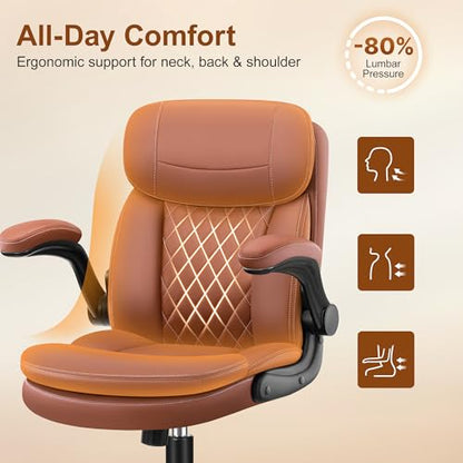 HeroSet Leather Office Chair with Upgraded Double-Layer Seat Cushion and Neckrest for Short People, Brown - color: Brown
