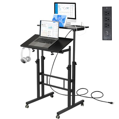 Hadulcet Mobile Standing Desk with Charging Station, Adjustable Standing Computer Desk, Standing Adjustable Laptop Cart with Wheels for Home Office Classroom Black - color: Black, size: 23.6" With Charging Station