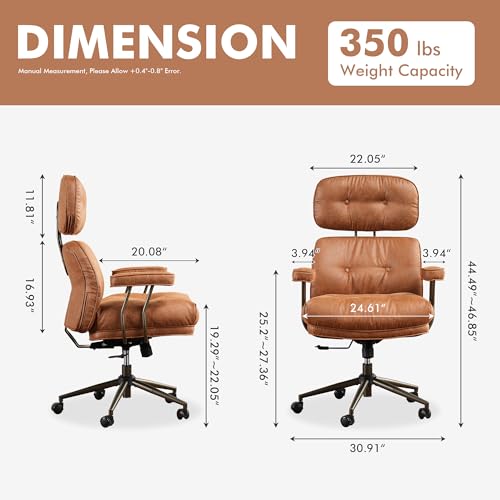 Brown Leather Home Office Chair, Ergonomic High Back Executive Chair with Deep Seat Thick Cushion, Mid Century Modern Big and Tall Computer Desk Chair with Lumbar Support (Light Brown Suede) - color: Brown,suede Fabric, size: Big High Back