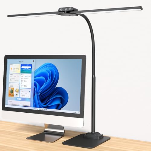 KableRika Desk Lamp Double Light: Bright Led Desk Lights for Home Office - Eye Care Reading Table Lamps with Base - Dimmable Desktop Lighting for Computer Monitor Study Drafting - color: Black-Base
