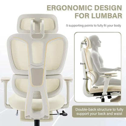Ergonomic Office Chair with Retractable Footrest, Cream | High Back Design, Dynamic Lumbar Support, 2D Headrest & 2D Armrests, Breathable Mesh Back for Home Office - color: Cream